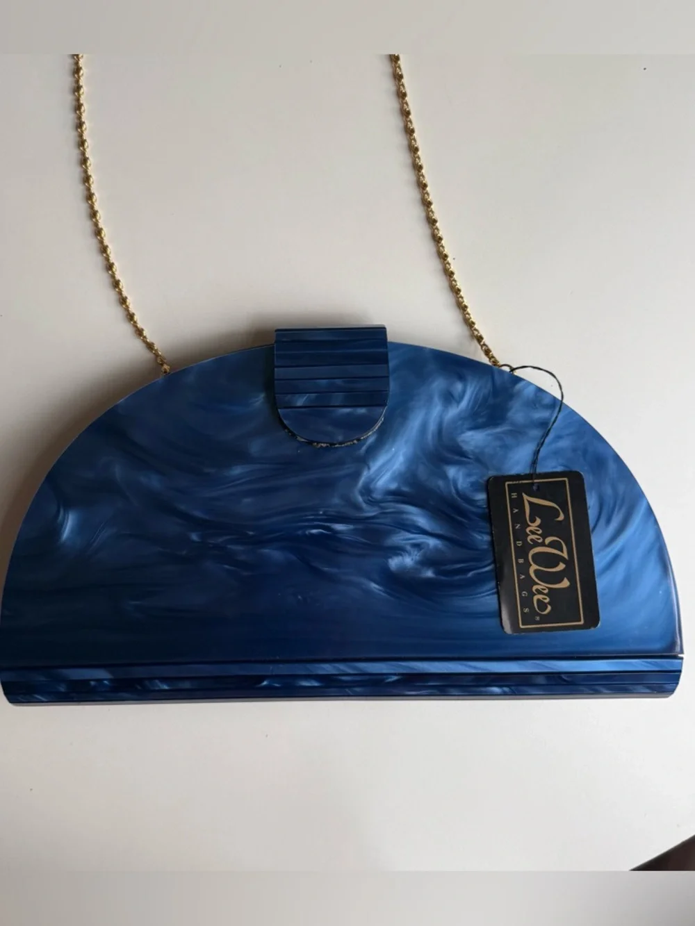Vintage Lee Wee Hand Bag Unique Blue Marble Acrylic Half Moon Purse Gold Chain - Picture 5 of 16